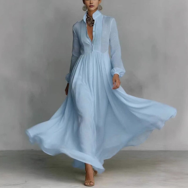 Cross-border European and American French-style slim-fit long-sleeve pleated waist-cinching long dress, elegant stand-collar dress