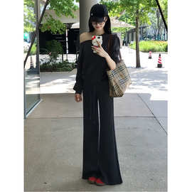 美式复古早秋新款休闲运动服套装女秋季宽松露肩卫衣长裤两件套女