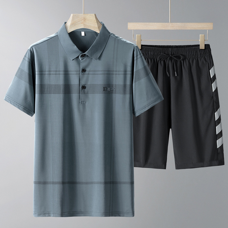 Papa de verano, traje casual de seda de hielo para hombres, camisa polo para hombres, manga corta, manga corta, traje de moda para hombres de mediana edad