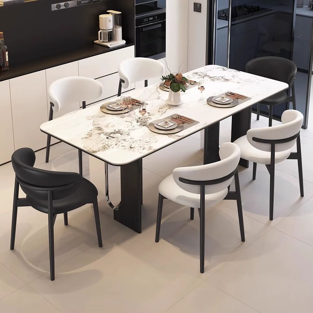 意式岩板现代简约小户型家用长方形饭桌网红餐桌T字实木桌椅组合