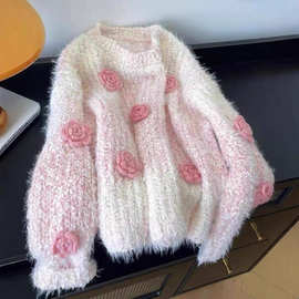 超好看粉色渐变立体花朵正肩毛衣女2025春大码微胖mm马海毛针织衫