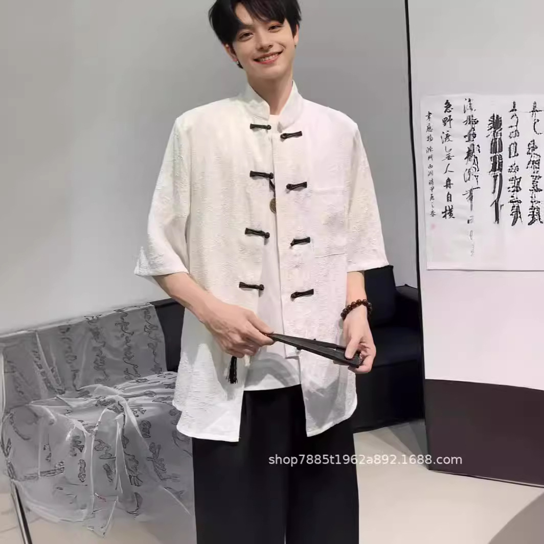 新中式明星同款短袖国风衬衫男高级感黑白撞色盘扣衬衣男生跨境