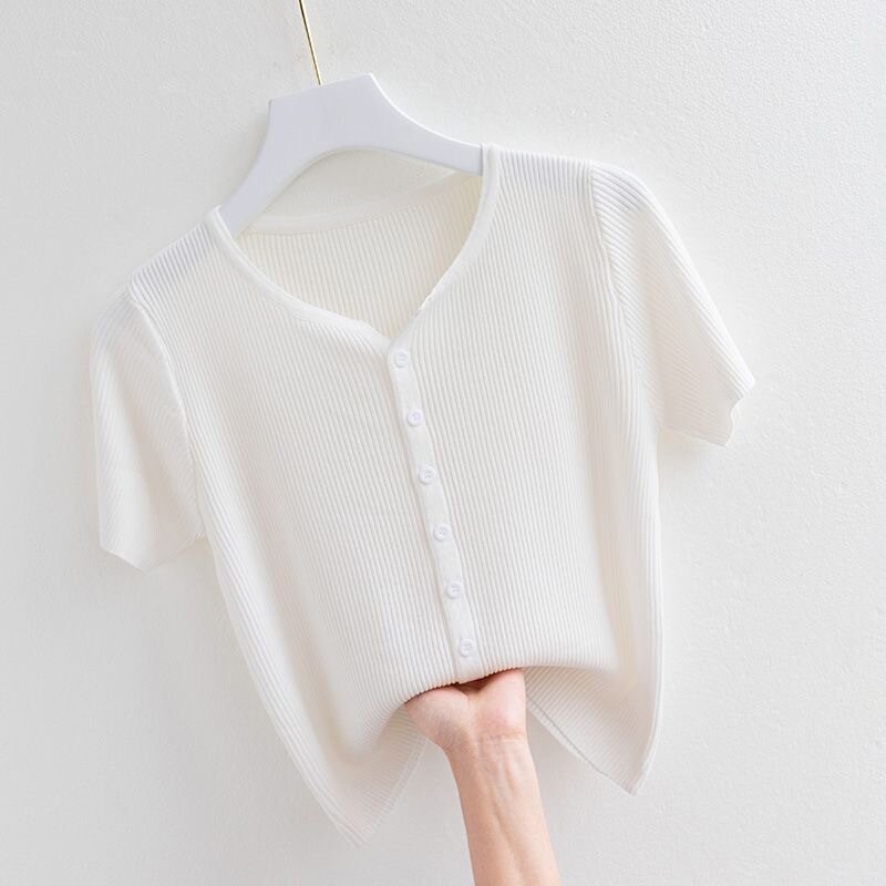 2024 Summer New High-grade Short-sleeved T-shirt Ice Silk Thin Cardigan Women's Ice Silk Knitted Sweater