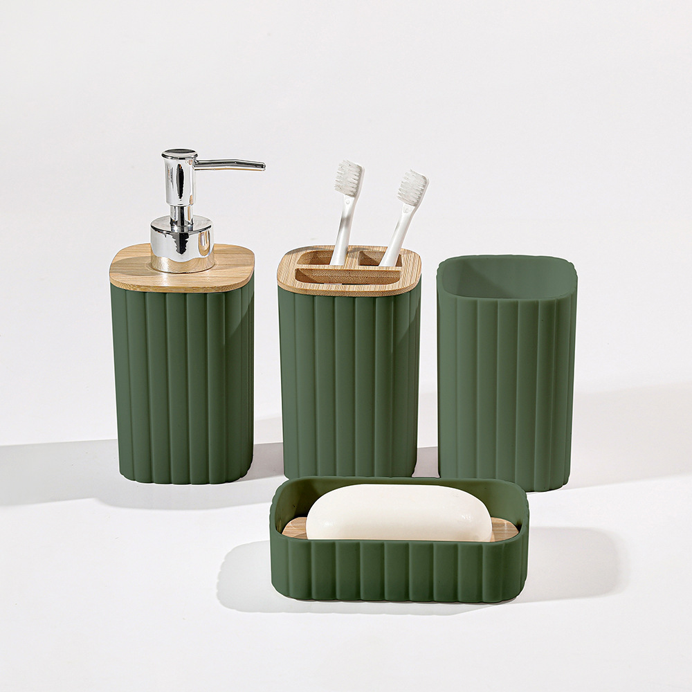 Baños de plástico a rayas transfronterizas cubierta de madera para lavar el hogar botella de emulsión boca taza de caja de jabón hotel set de 4 piezas