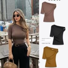 速卖通跨境外贸欧美女装ZA爆款新款多色斜肩露肩设计感侧边上衣