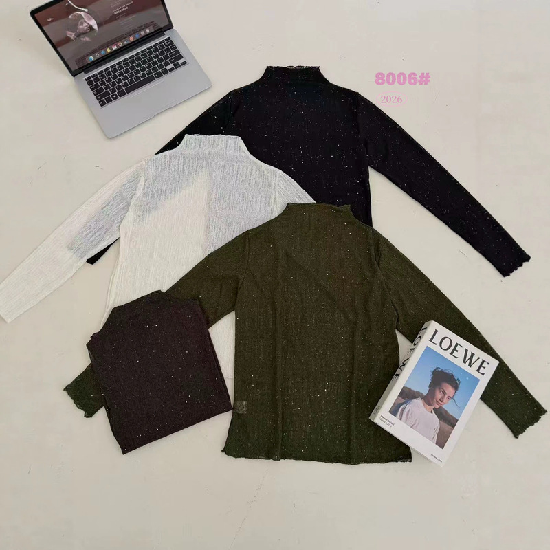 Women's early autumn slim-fit, slimming, breathable, thin, long-sleeved, semi-high-neck knit top with a shimmering texture Women's early autumn slim-fit, slimming, breathable, thin, long-sleeved, semi-high-neck knit top with a shimmering texture
