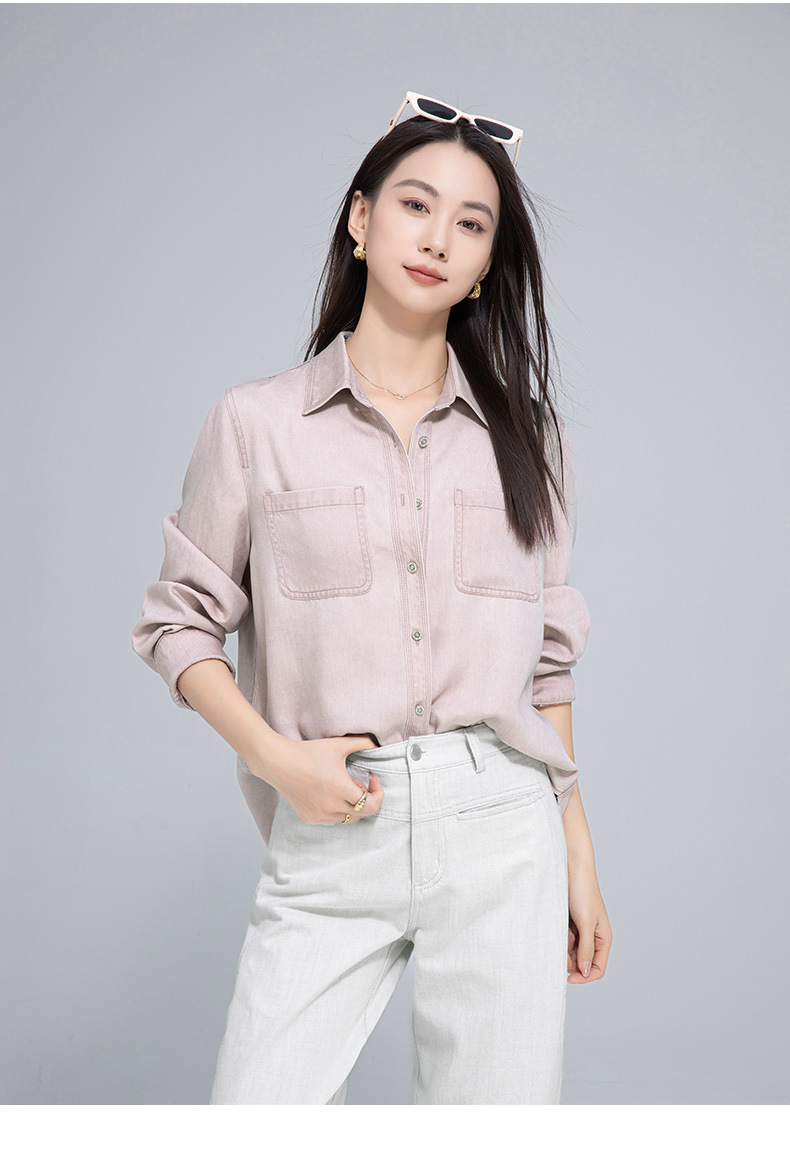 Áo sơ mi denim nữ tay dài phong cách đơn giản, chất liệu lyocell, có túi công vụ — Màu hồng chi tiết 21