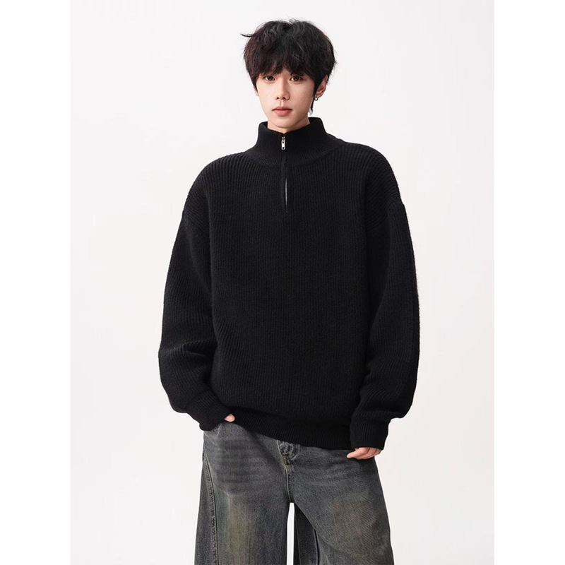 Trendy Half-Zip Turtleneck Solid Color Sweater for Men, Autumn and Winter Loose Ins Japanese Style Lazy Couple Versatile Knitwear