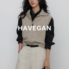 与间HAVEGAN/秋季翻领无袖针织毛衣背心女老钱风软糯马甲外穿上衣