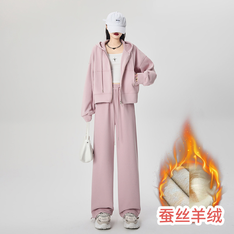 High-End Casual Sports Suit for Women 2025 Autumn and Winter New Style Hooded Sweatshirt Straight Wide-Leg Pants Fleece-Lined Two-Piece Set