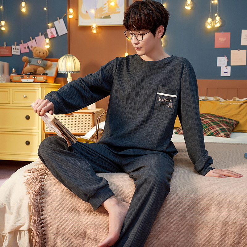 Pijamas al aire libre de los hombres de algodón de manga larga de otoño e invierno de dibujos animados coreanos sueltos casuales más tamaño traje de desgaste para el hogar