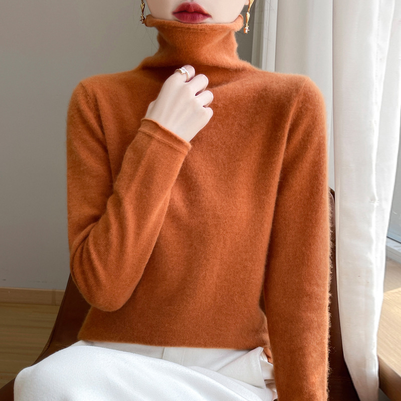 Wool sweater with rolled hem, half-high collar, wool knit top for women, cross-border high-neck wool base layer, women's sweater, Korean style