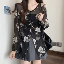 大码女装印花雪纺防晒衬衫女夏季胖妹妹复古新中式上衣显瘦遮肉