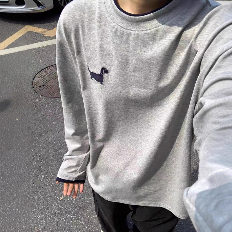 美式复古小狗刺绣T恤男女2025秋季新款宽松潮牌撞色情侣长袖上衣|undefined