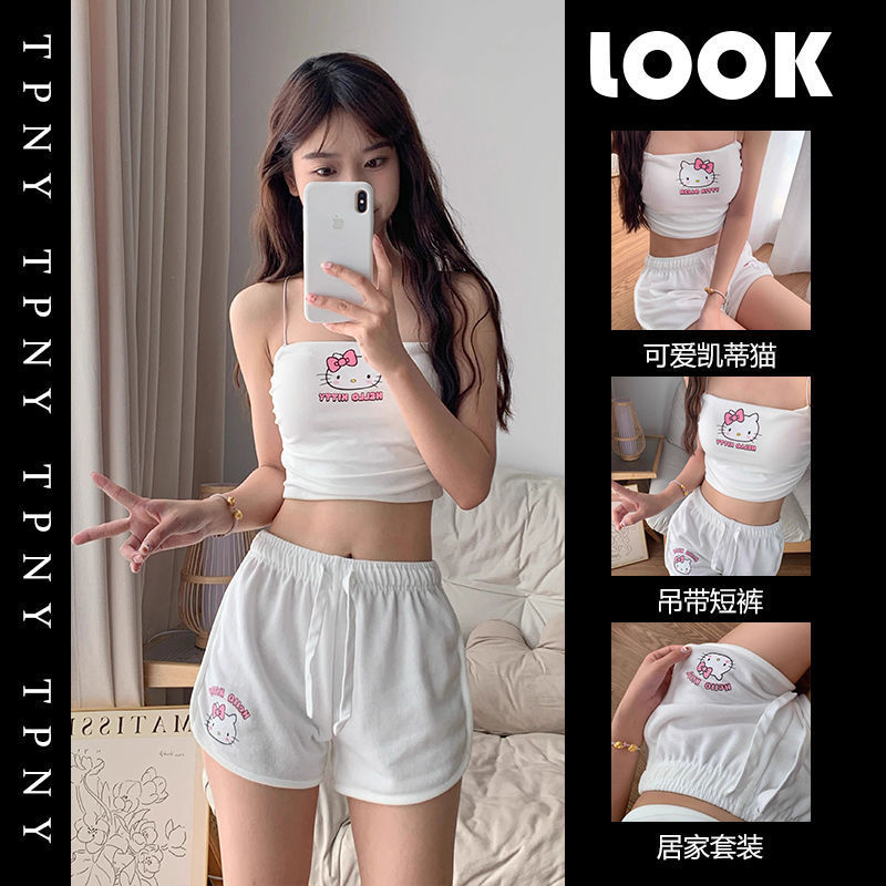 국경 간 새로운 일본 스위트 스타일 헬로키트 인쇄 카미솔 스파이스 소녀 슬리밍 탑 여성용 가슴 패드