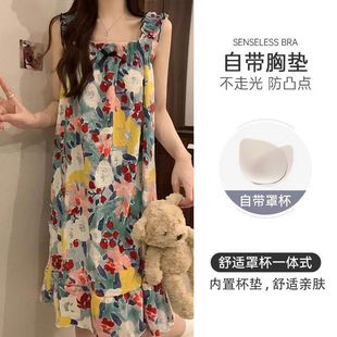Live Broadcast Hot Style with Chest Pad Detachable Bubble Cotton Summer New Nightgown with Suspenders Printed Princess Style Home Wear Shipping