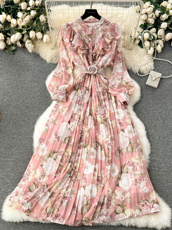 Tea Break French Dress for Women 2024 New Sweet Ruffled Slim Mid-Length Floral Chiffon Pleated Skirt