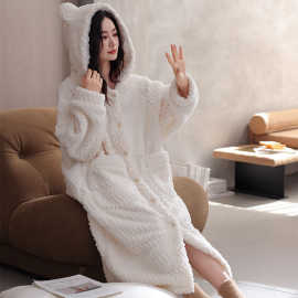 冬季睡袍女士睡衣浴袍秋冬款连帽长款法兰绒加厚加绒珊瑚绒可外穿