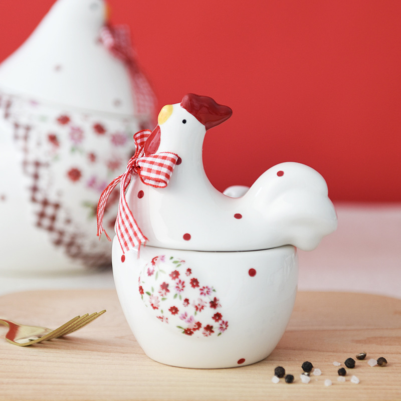 INS estilo vajilla rojo floral de pollo de cerámica tarro de condimento tarro de azúcar tarro de sal tarro de condimento de pollo creativo Pascua