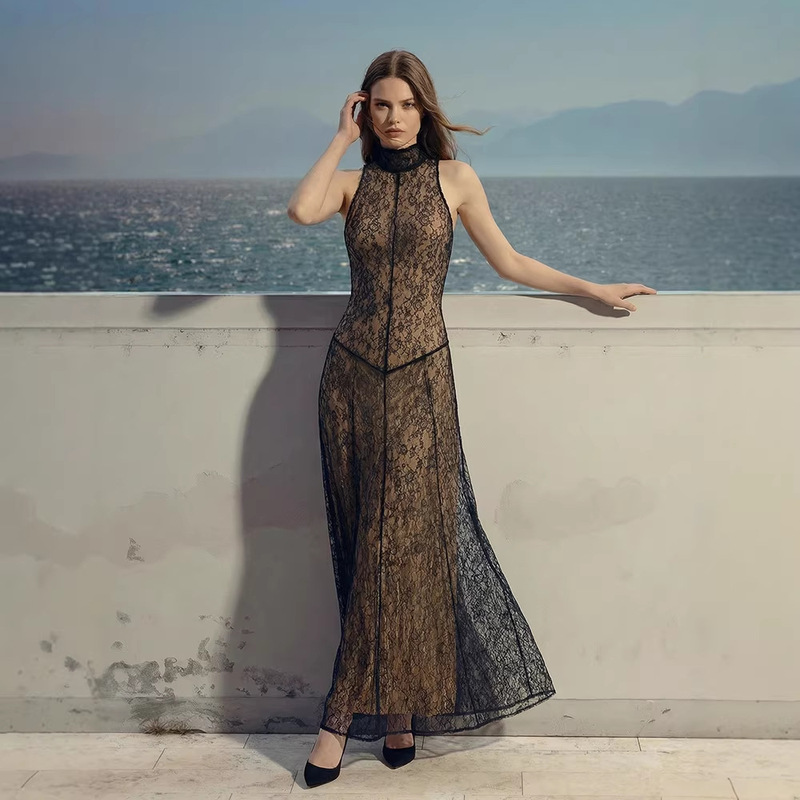 2025 New Foreign Trade Cross-Border Women's Clothing Wholesale Simple Style Lace Splicing Sexy Slim Fit Niche Sleeveless Dress 2025 New Foreign Trade Cross-Border Women's Clothing Wholesale Simple Style Lace Splicing Sexy Slim Fit Niche Sleeveless Dress