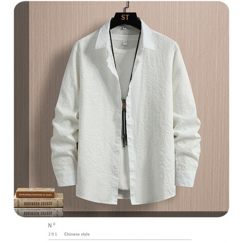 White Men's Long-Sleeve Autumn Casual Collar Shirt Loose Polka Dot Wrinkle-Resistant 2025 High-End Cool Cool Style Top
