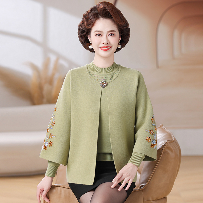 妈妈2025秋装洋气时尚针织衫两件套中老年女秋冬红色喜庆上衣套装|undefined