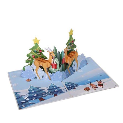 Cross-border Christmas 3D stereoscopic greeting card, new color printed Christmas reindeer paper cutting 3D greeting card, blessing card wholesale