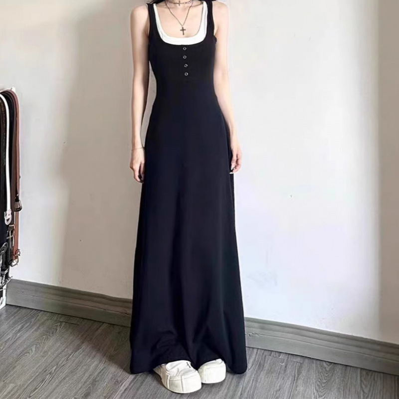 黒のロングスカート偽ツーピースヘップバーンスタイルリトルブラックドレスプラセンタフレンチ年齢軽減痩身サスペンダードレス女性の夏服|undefined