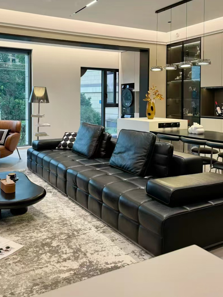 High-End Large Genuine Leather Sofa Set, Trendy Small Apartment Straight-Line Simple Modern Original Black Living Room Lawrence