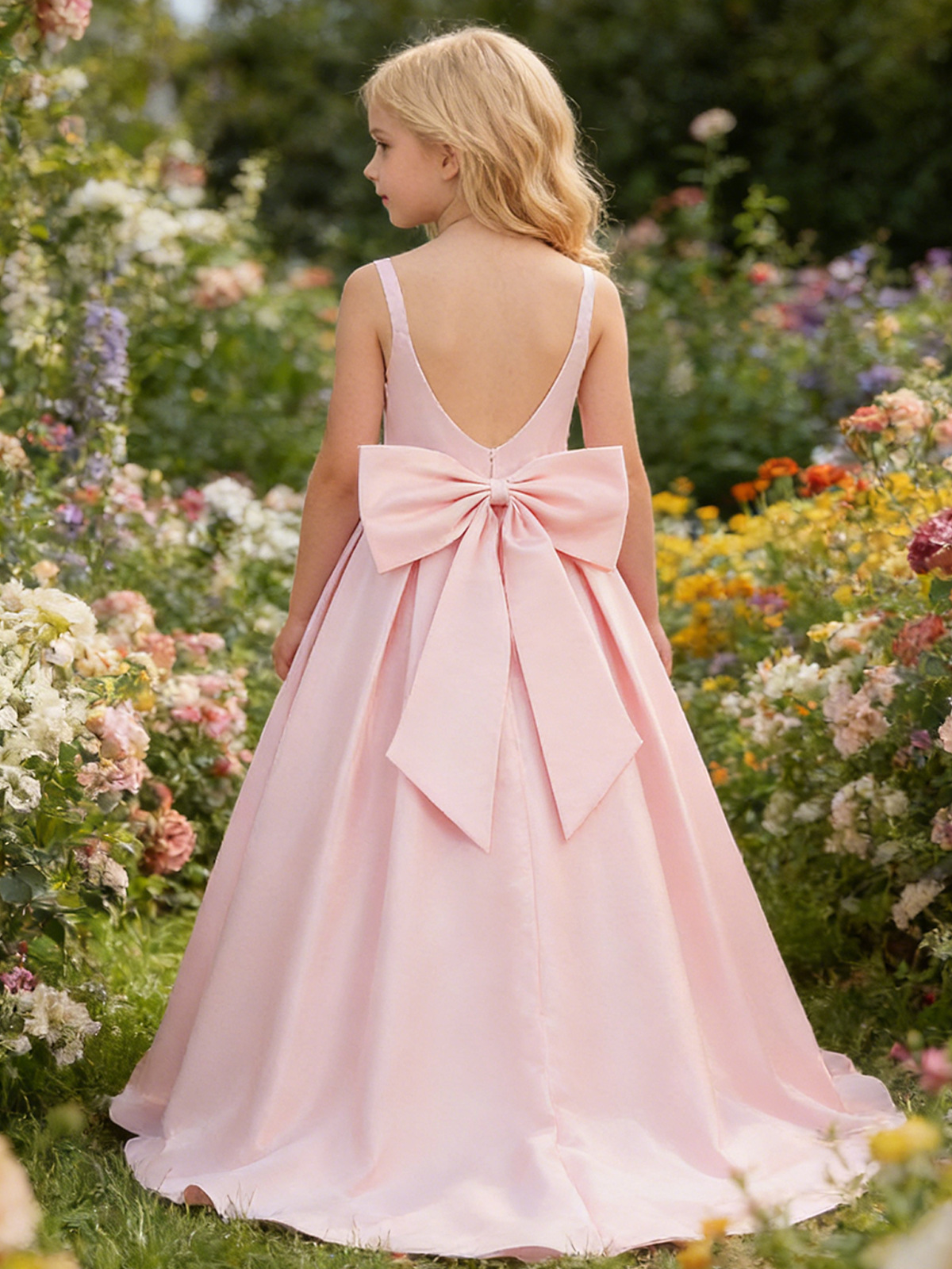 Niñas europeas y americanas trailing vestido de gran tamaño, satin, gran arco, vestido de princesa, vestido de fiesta para niños.