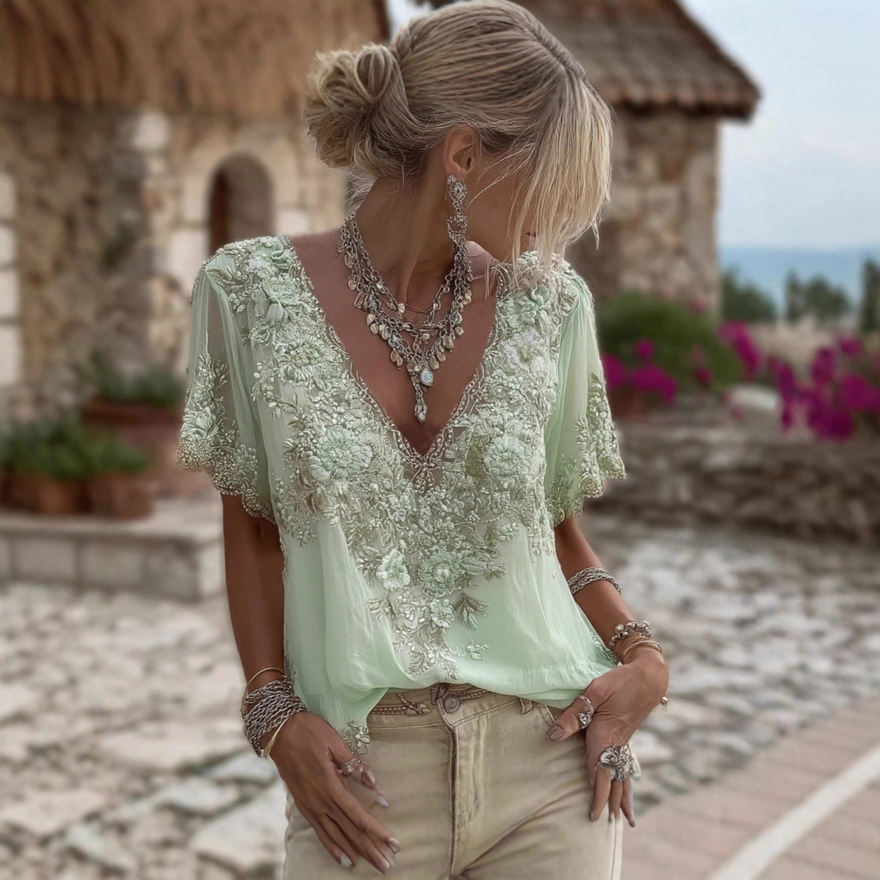Women's Light Blue Floral Embroidered Blouse - Boho V Neck Short Sleeve Sheer Top For Casual Daily Summer Holiday_ecoleips.com