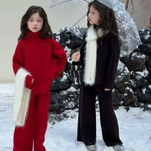 童套装2025冬季儿童高领针织衫阔腿裤套装女童新年保暖毛衣两件套