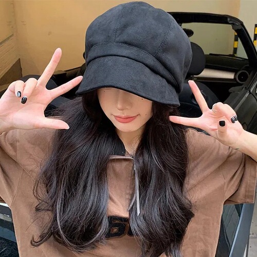 Hat women's autumn and winter suede internet celebrity black cold hat beret Japanese style pile hat big head circumference octagonal fisherman hat