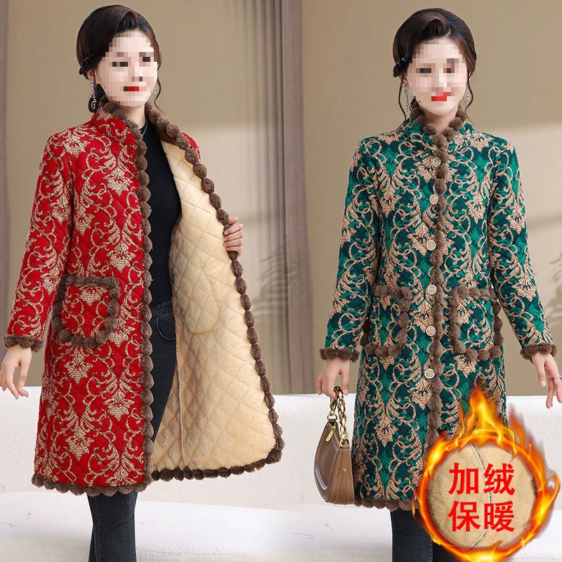 Мама осень и зима новый бархатный толстый длинный большой размер свободный средний и пожилой хлопчатобумажная куртка теплая цветочная хлопчатобумажная куртка
