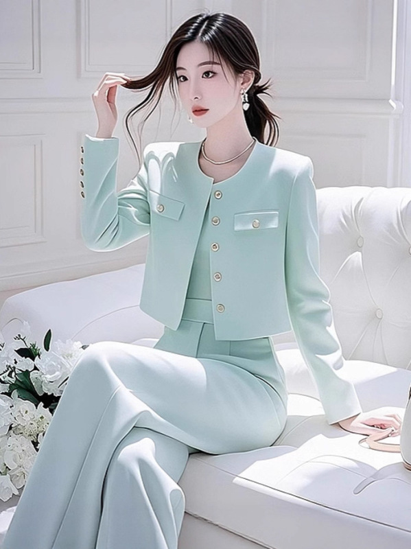 2025秋季穿搭一整套女装气质名媛通勤薄荷绿色外套阔腿裤职业套装|undefined