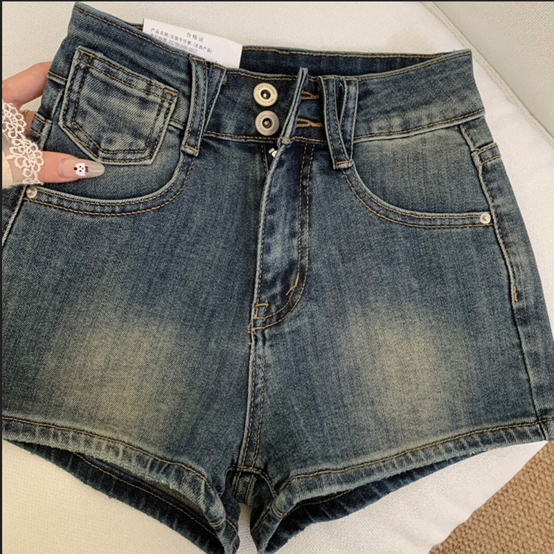 American Retro Denim Shorts for Women 2025 Summer Popular High-Waisted Tight-Fitting Hot Girl Small Elastic A-Line Hot Pants