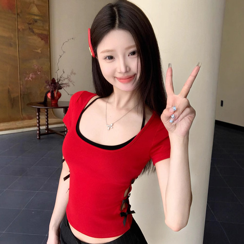 Ins Pure Desire Sexy Butterfly Bow Laced Hollow Short Sleeve T-Shirt Women Beauty Backless Hanging Strap Two-Piece Base Top Women's Top Trendy