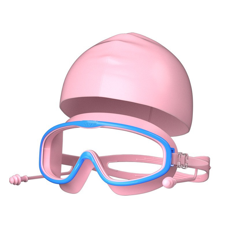5~16세 어린이 모델 - 파란색과 분홍색 투명 수영 고글 + 분홍색 수영 모자 + 가방