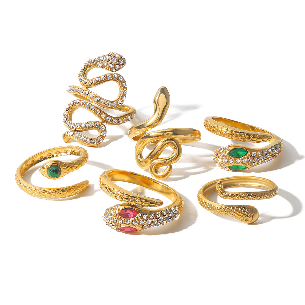 Vintage Style Snake Stainless Steel Plating Artificial Diamond Open Ring