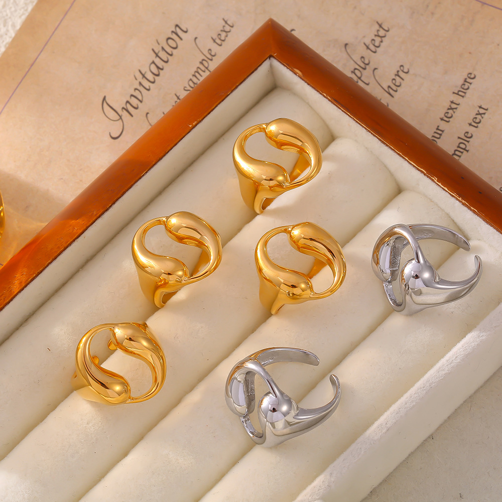 Anello da donna versatile personalizzato con doppia goccia circolare cava in acciaio al titanio, resistente allo sbiadimento_voghion.com