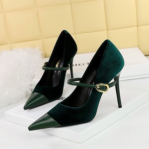 9116-1 Banquet High Heels, Thin Heels, Shallow Mouth, Pointed Xishi Suede Panel, Pointed Metal Buckle, Straight Line wit