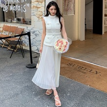 2025早秋新款女装优雅气质无袖立领连衣裙小香风拼接雪纺百褶长裙