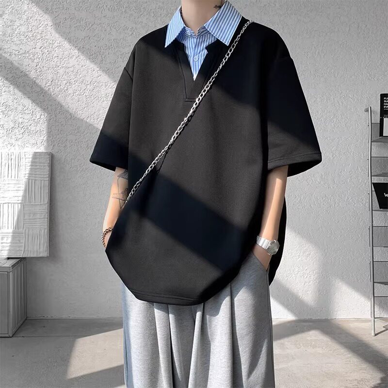 false two-piece shirt collar short sleeve t-shirt men‘s summer trendy handsome men‘s clothing one set matched with jeans two-piece suit