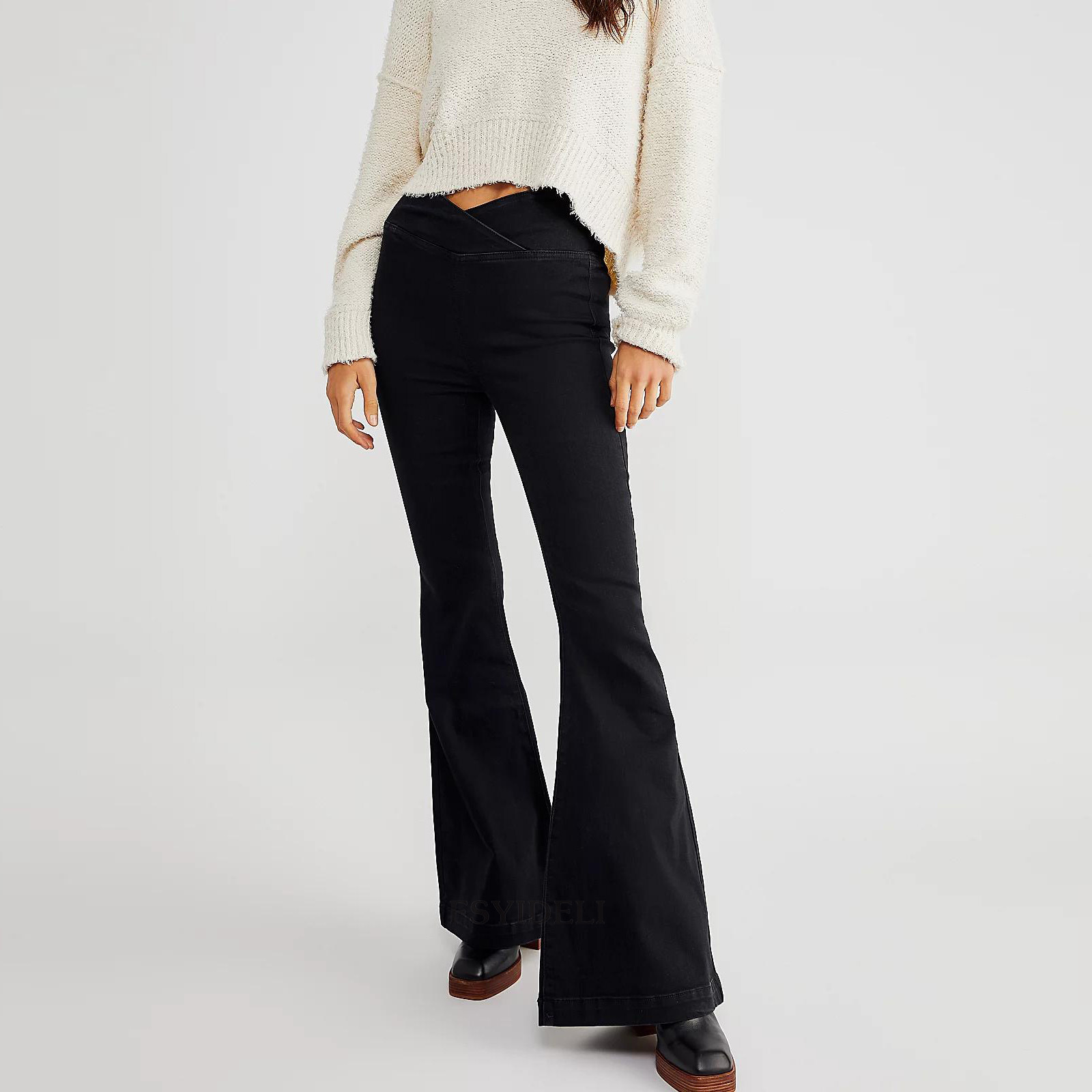 Women's Denim Flare Pants High Waist Slim Fit Irregular Style_voghion.com