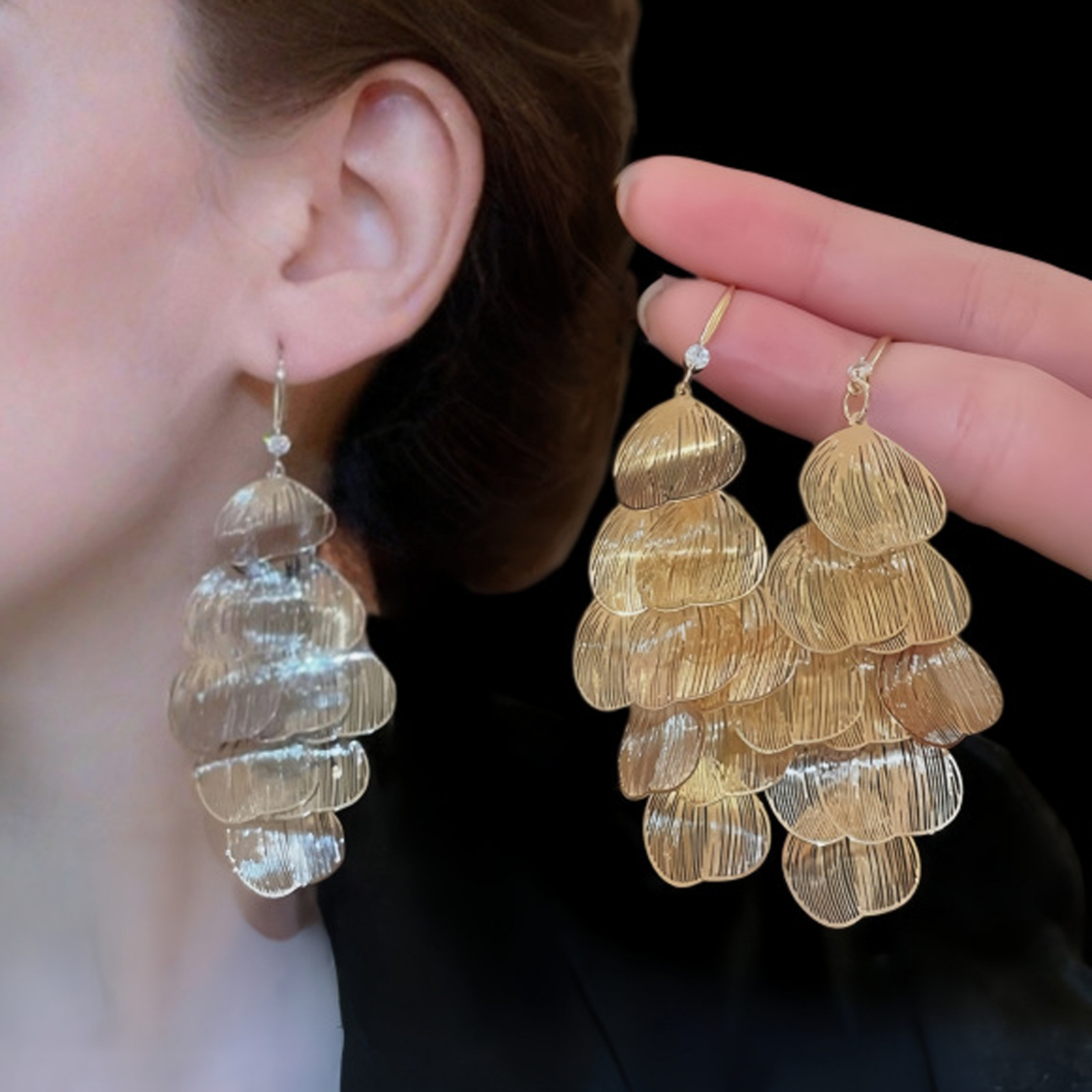 European and American Retro Style Glossy Leaf Tassel Hook Earrings, Niche Design, Light Luxury, High-End Feel, Versatile Earrings