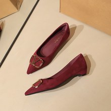 632-KJ117 Korean Professional Slope Heel Comfortable Women's Shoes with Metal V-Buckle, Pointed Suede, Non tiring Single Shoe