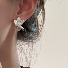 韩系锡箔纸金属肌理锆石双花朵耳钉女简约小众高级感精致冷淡风