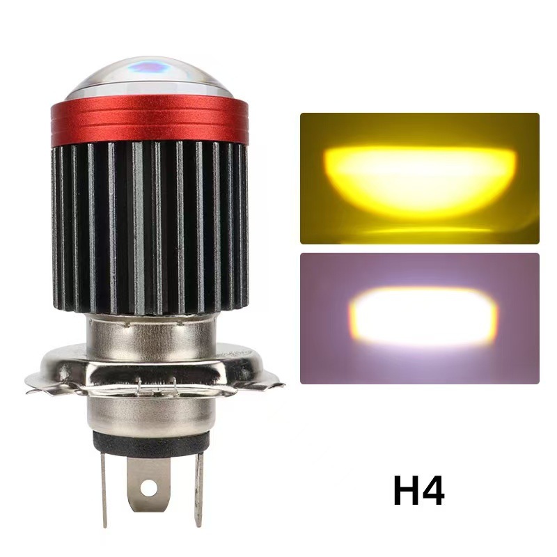 Led Dual-Lens Motorcycle Headlight White and Yellow Dual-Color H4 Ba20D Fisheye Super Bright Spotlight 12-80V High and Low Beam