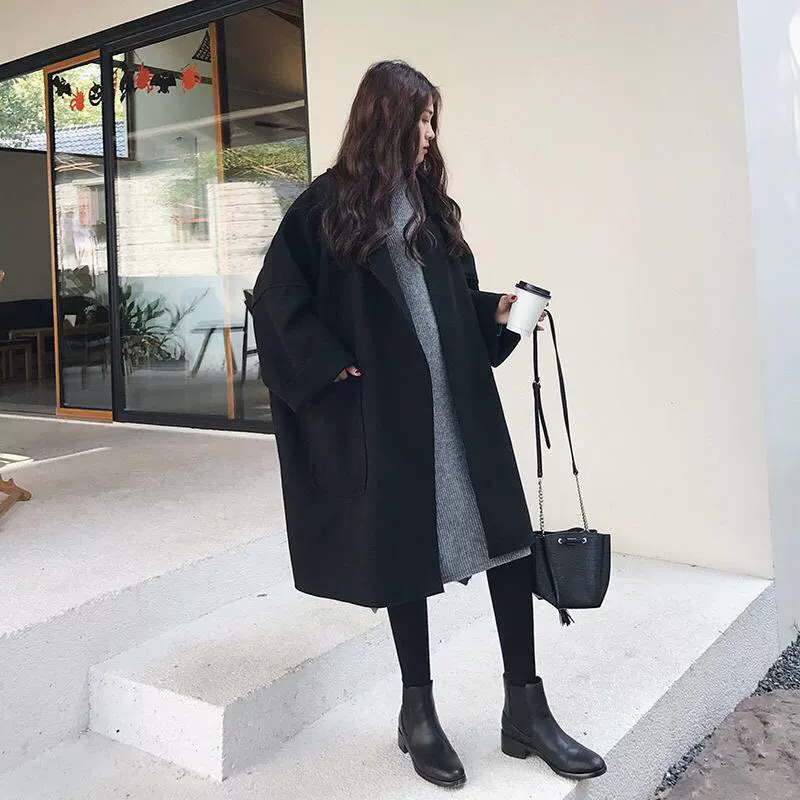 Демисезонное шерстяное пальто, удлиненная куртка, для подростков, plus size, коллекция 2023 года, корейский стиль, средняя длина