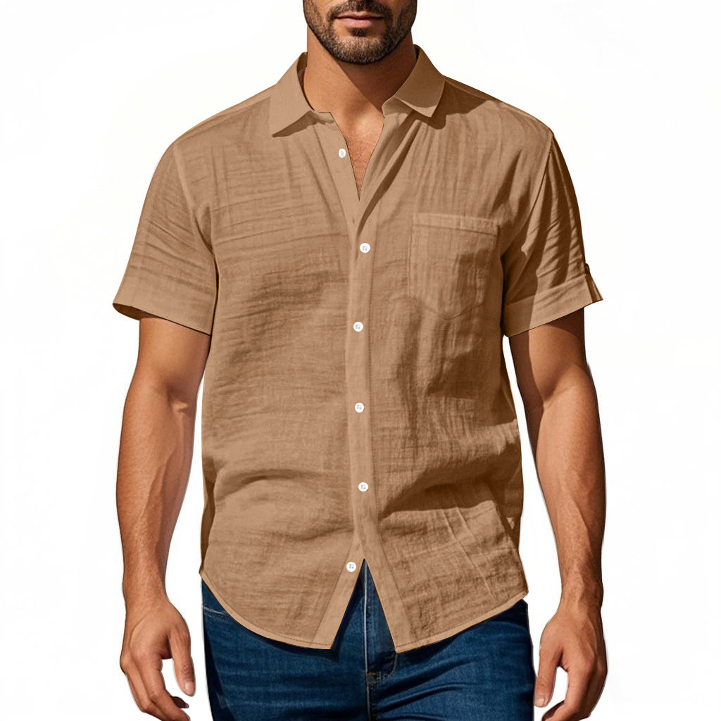 T-shirt homme en lin à col chemise manches courtes ample_voghion.com